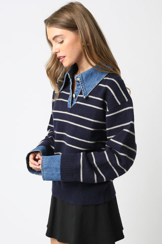 Olivaceous | Sofia Stripe Denim Top Navy Lt Grey