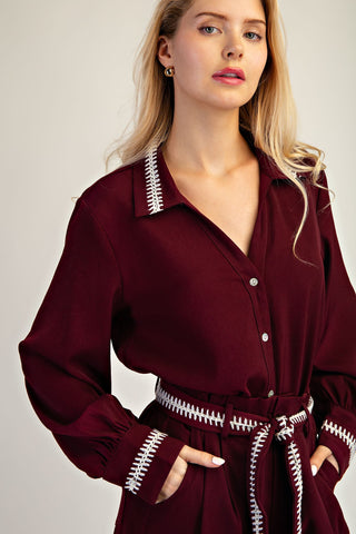Glam | Ira V-Neck Button Shirt Burgundy