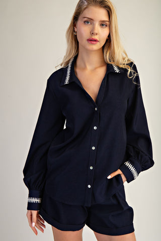 Glam | Ira V-Neck Button Shirt Navy