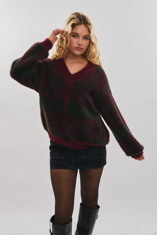 Le Lis | Celan Plaid V-Neck Sweater Green-Burgundy