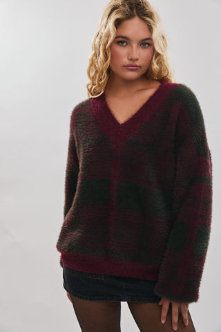 Le Lis | Celan Plaid V-Neck Sweater Green-Burgundy