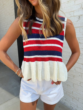 ENTRO Ralphy Stripe Knit, striped sleeveless sweater with fringe