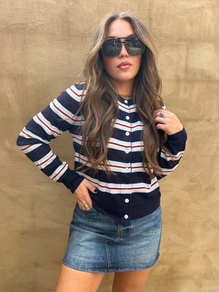 Dress Forum | Elvira Skyline Striped Button Cardigan Navy/Red Combo