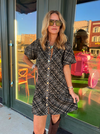 THML | Cleo Plaid Suede Dress Black