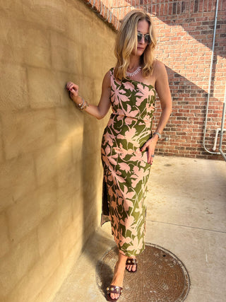 Sadie & Sage | My Dearest Drapey Midi Dress Olive Pink