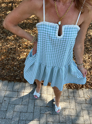 30a Array | Pretty Follies | Vesper Spaghetti Strap Gingham Dress Mint