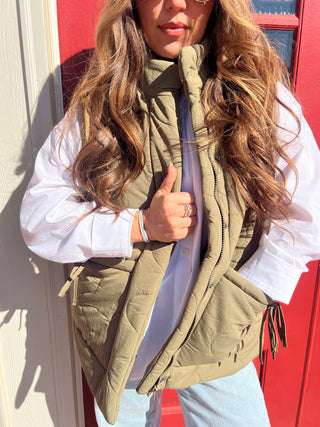Dreya Ribbon Tie Puffer Vest Sand Olive [Door Buster]