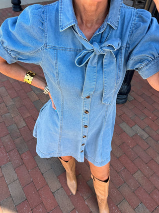 Entro | Brynn Bow Neck Tie Mini Dress Lt. Denim