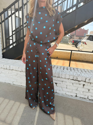 The Selena Polka Dot Top Brown/Turq