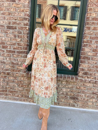 &Merci | Juliette Mixed Paisley Midi Dress Olive Brick Multi