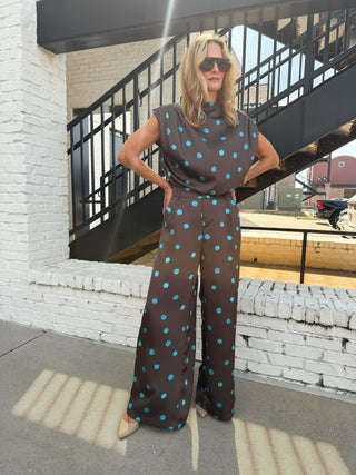 The Selena Polka Dot Top Brown/Turq