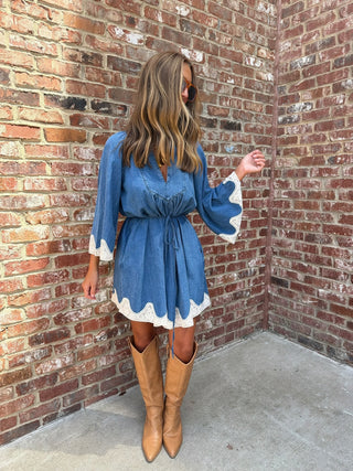 LALAVON | Floral Lace Trim Denim Mini Dress with Pockets