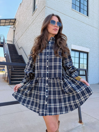 Olivaceous Luci Plaid Babydoll Mini Navy