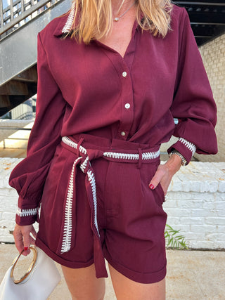 GLAM | Jennifer Stitch Belted Shorts Burgundy