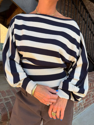 Delaney Stripe Sweater Top Taupe Navy