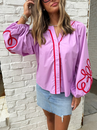 GLAM | Soutache Contrast Detail Puff Sleeve Blouse