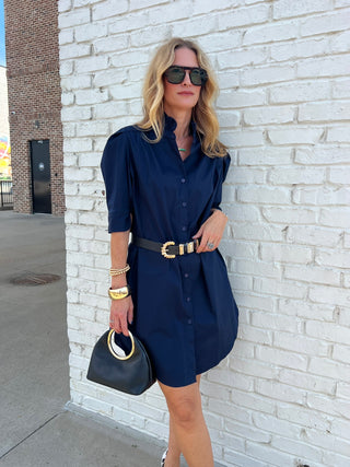 Dawn Ruffle Collar Shirt Dress Navy