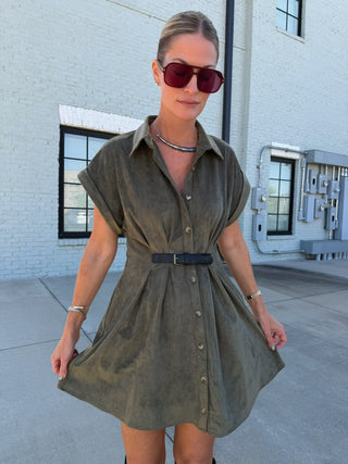 Kendall Belted Suede Button Down Dress Olive