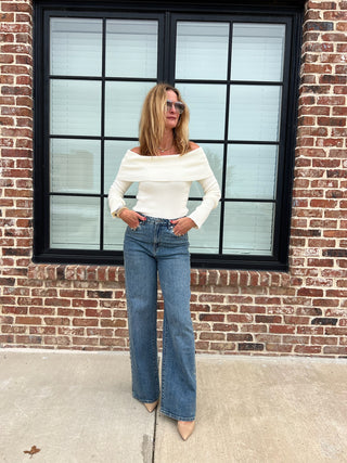Dress Forum | Faye Fold-over Off Shoulder Sweater Ivory