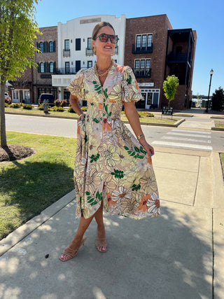 Entro | Kaelis Floral V-Neck Midi Dress Latte Multi