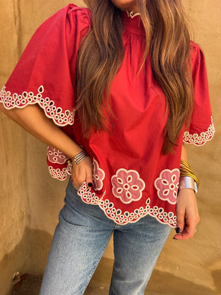 Entro | Elvyn Floral Embroidered Flutter Top Brick