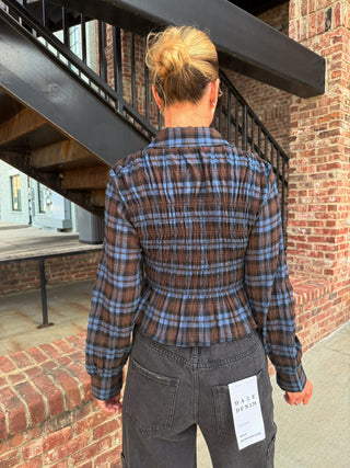 Nila Smocked Plaid Peplum Blouse Blue Plaid