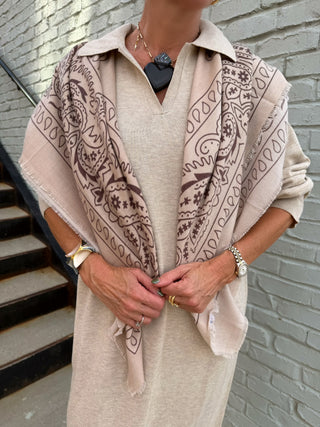 Large Square Scarf with Bandana Pattern Taupe