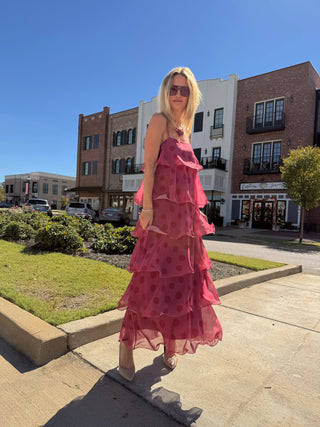 Danielle Tiered Polka Dot Maxi Dress Burgundy