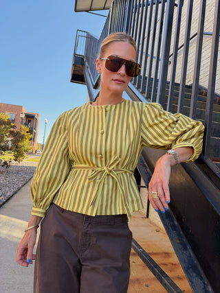 Benica Striped Belted Peplum Blouse
