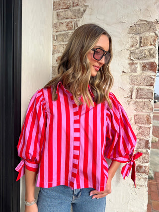 Cherry Pop Stripe Puff Top Pink/Red