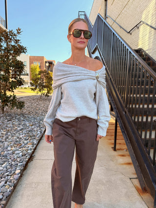Noelle Off Shoulder Bubble Sweater Grey