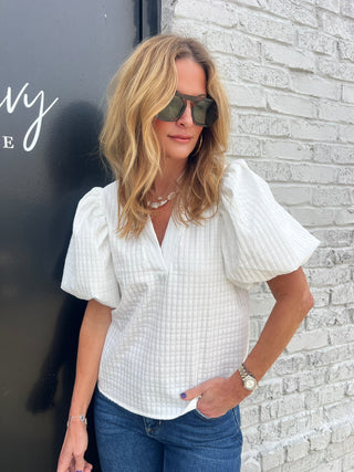 Kelsey V-Neck Puff-Sleeve Top White