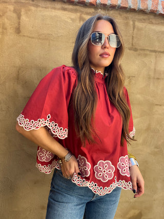 Entro | Elvyn Floral Embroidered Flutter Top Brick
