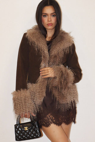 Kristina Faux Fur Trim Coat Brown