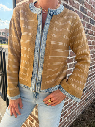Denim Trim Knit Zip Up Jacket