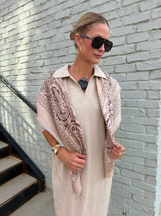 Large Square Scarf with Bandana Pattern Taupe