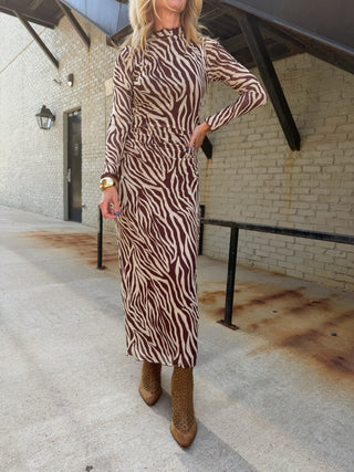 Sevilla Zebra Mesh Midi Dress Velvet Rouge
