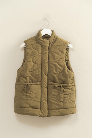 Dreya Ribbon Tie Puffer Vest Sand Olive [Door Buster]