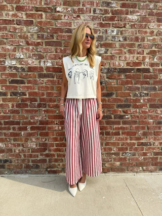 Olivaceous | Cally Drawstring Wide-Leg Pants Red Stripe