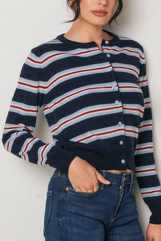 Dress Forum | Elvira Skyline Striped Button Cardigan Navy/Red Combo