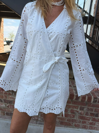 ADELYN RAE | Bella Wrap Eyelet Mini Dress