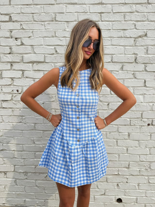 Olivaceous Blue Gingham Button-Front Dress