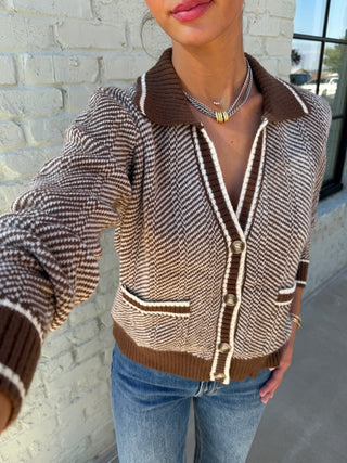 Reina Herringbone Cardigan Brown