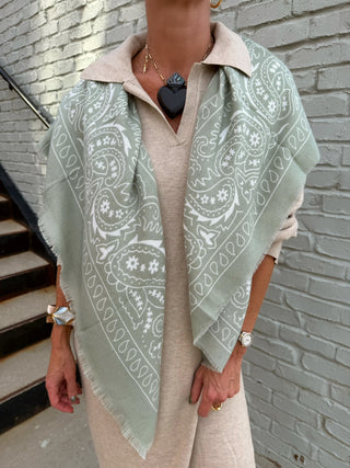 Large Square Scarf with Bandana Pattern Sage