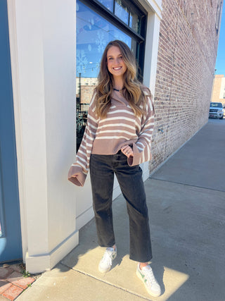 Striped Sailor Collar Sweater Dark Taupe/Cream [Door Buster]