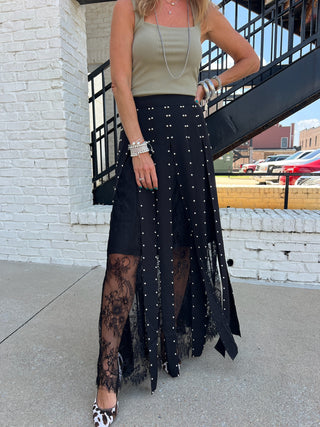 Bold Behavior Edgy Lace and Stud Skirt