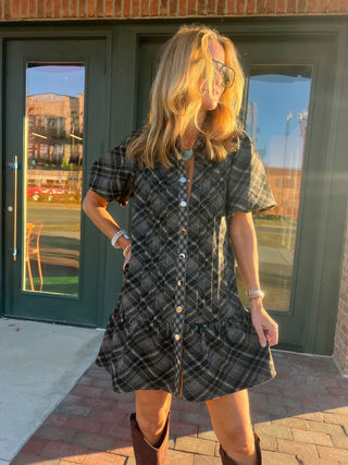 THML | Cleo Plaid Suede Dress Black