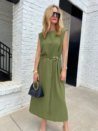 Entro | Josie Slit Hem Belted Midi Dress Olive