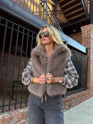 Olivaceous Maya Faux Fur Zip Up Vest Brown