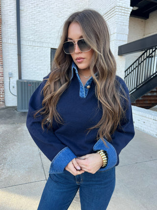 OLIVACEOUS| The Yoakam Contrast Sweater Navy